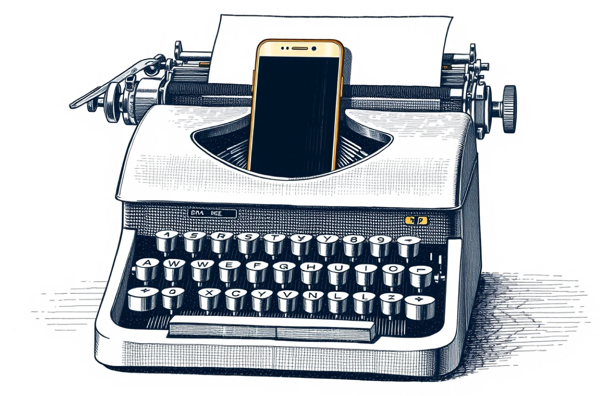 Engraving of a typewriter with a vertical phone rising from the carriage